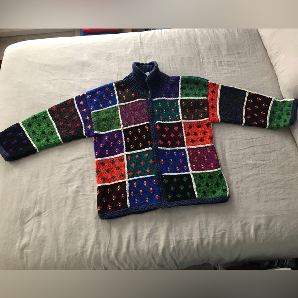 Vintage 90s handmade chunky multicolored wool zipped cardigan from Ecuador